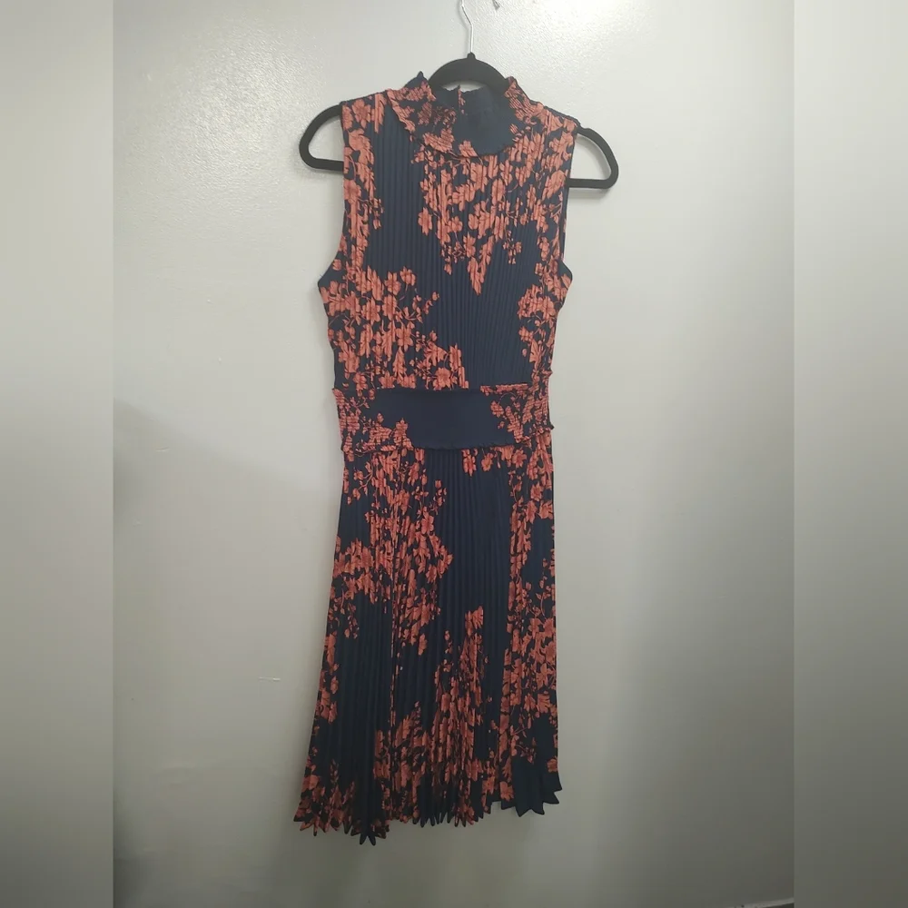 Nanette Lepore Navy and Coral Floral Pleated Midi Dress